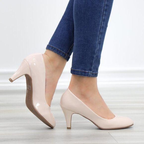 Nude Paten Round Toe Kitten Low Heel Pumps - Picture 6 of 11